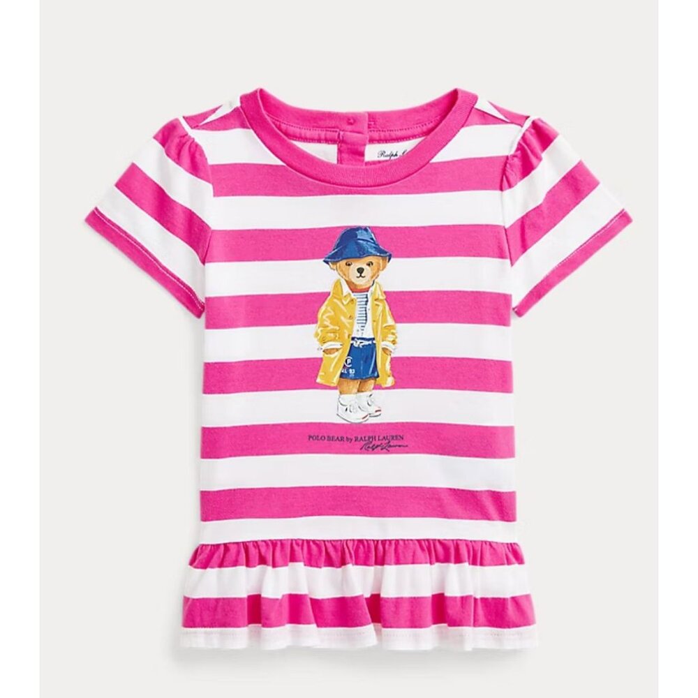 NWT Ralph Lauren Baby Girls Striped Polo Bear Peplum Tee Size 3M Pink $40 [jb]
